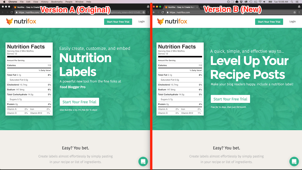 A/B测试Nutrifox主页